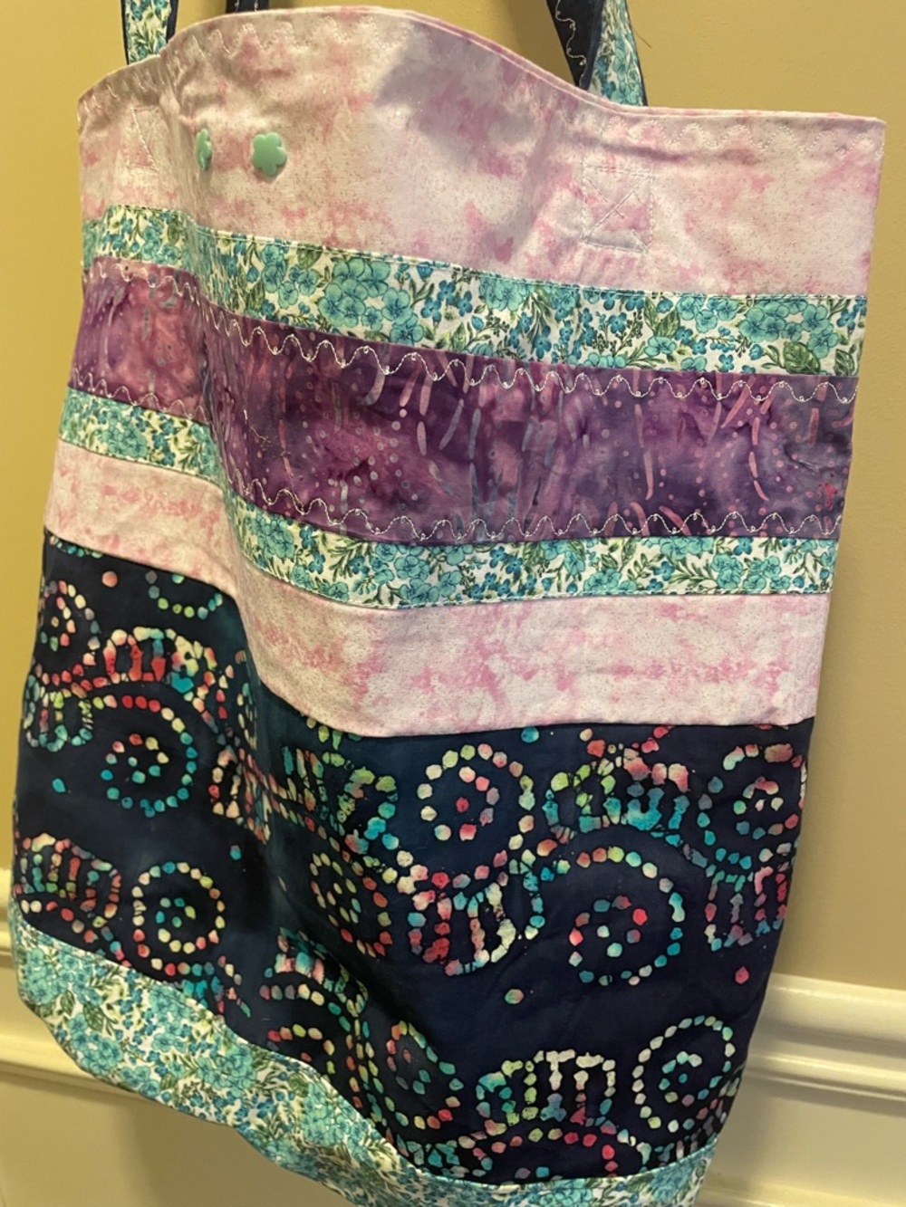 Handmade Patchwork Tote Bag in Navy, Purple, Pink - Picture 2 of 7